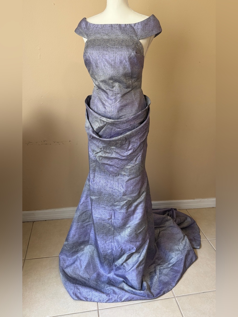 Douglas Hannant Metallic Jacquard Evening Gown Off Shoulder Purple Silver XS